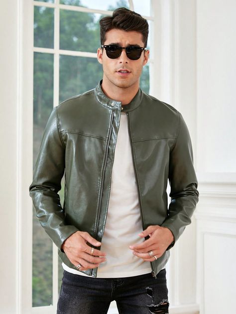 Olive Green Casual Collar Long Sleeve PU Leather Plain Other Embellished Non-Stretch  Men Clothing Shein Men, Men Jackets, Pu Leather Jacket, Men Clothing, Olive Green, Pu Leather, Zip Ups, Leather Jacket, Mens Outfits