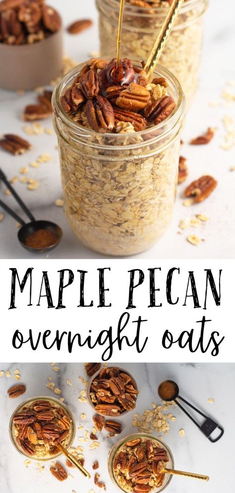 These Maple Pecan Overnight Oats are the perfect vegan breakfast recipe to meal prep! In just 5 minutes, you can have a healthy breakfast ready to go in the morning to grab and go. This vegan overnight oats recipe only calls for 6 basic ingredients. For this recipe, we are using pecans, maple syrup, cinnamon, and vanilla extract. Overnight Oats Ingredients, Cashew Butter Overnight Oats, Maple Pecan Overnight Oats, Vegan Overnight Oats Healthy, Pecan Pie Overnight Oats, Lemon Poppyseed Overnight Oats, Vegan Overnight Oats Recipe, Overnight Oats Healthy Dairy Free, Vegan Overnight Oats In A Jar