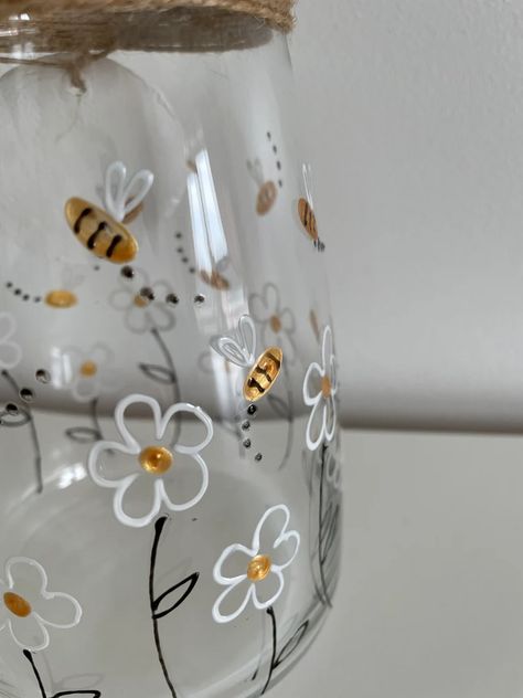 Bumble Bees, Bee Happy, Handmade Clay, Painted Glass, Glass Vase, Daisy, Bee, Vase, Hand Painted