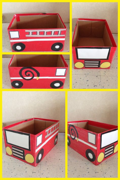 Box, different color contact paper.  Fire truck enhancement.  Theme: My Community Fire Truck Craft, Fire Safety Theme, Fire Safety Activities, Fire Safety Preschool, Disiplin Anak, Truck Crafts, Community Helpers Theme, Fireman Party, Firetruck Birthday Party