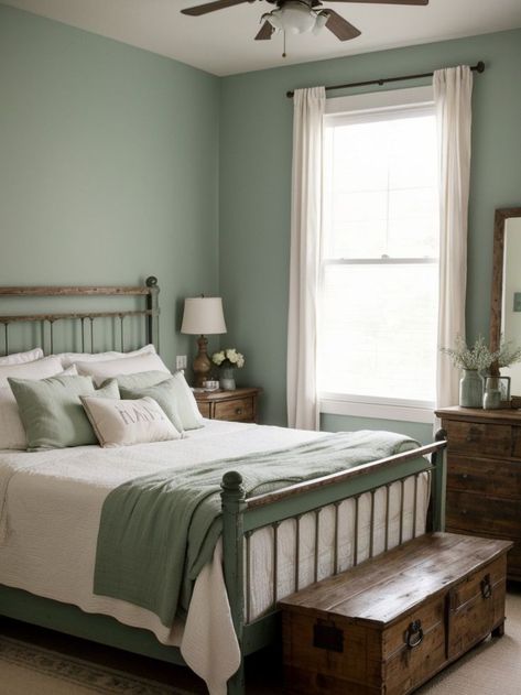 Create a charming farmhouse-inspired bedroom by painting one accent wall in a warm and inviting color such as sage green or pale blue. Pair it with rustic wooden furniture and farmhouse-inspired decor accents, like a distressed wooden mirror or a vintage-inspired metal bed frame, to complete the cozy look. Bedroom Accent Wall Colors, Farmhouse Bedroom Accent Wall, Bedroom Decor Rustic, Weathered Wood Furniture, Woven Basket Storage, Rustic Wooden Furniture, Farmhouse Inspired Decor, Wooden Bedroom Furniture, Accent Wall Colors