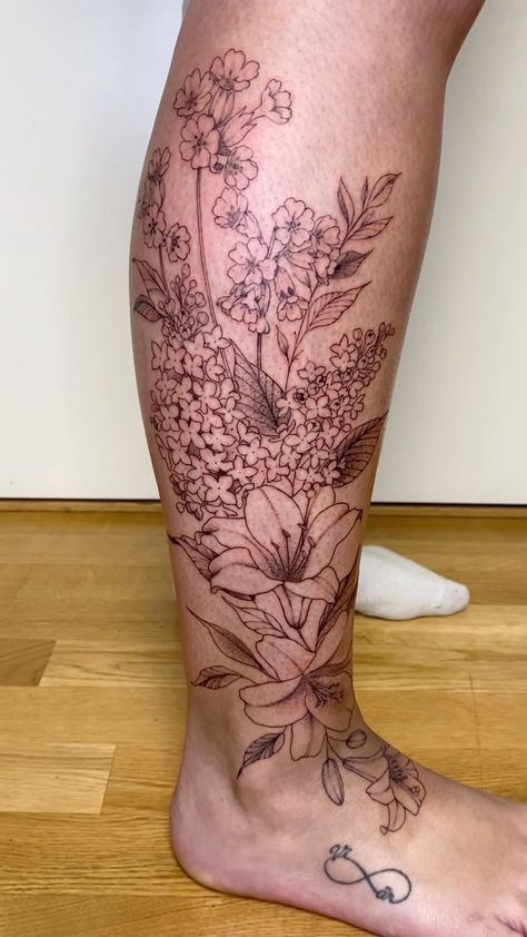 Lilac Sleeve Tattoo, Cowslip Tattoo, Lily Leg Tattoo, Flower Tattoo Leg Sleeve, Floral Calf Tattoo, Lilac Tattoo Design, Flower Leg Sleeve Tattoo, Floral Leg Sleeve Tattoo, Leg Flower Tattoo