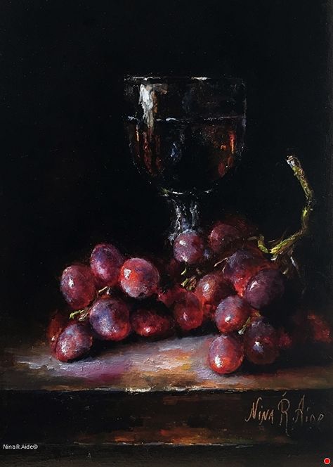 Grapes and Wine by Nina R. Aide, Oil, 7 x 5 x 1/8 Painting Grapes, Grapes And Wine, Oil Painting Videos, Grape Painting, Grapes Wine, Oil Painting Nature, Wine Painting, Art Fruit, Painting Competition