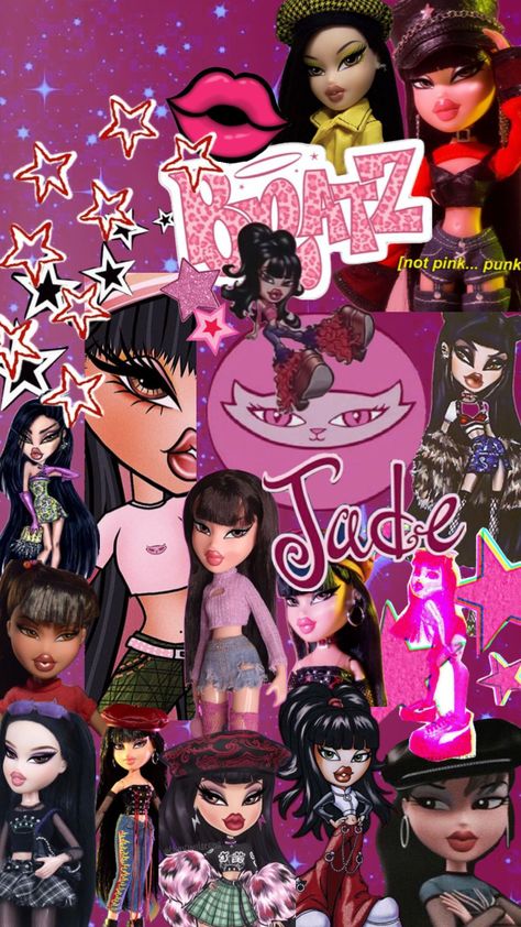 Jade Bratz #jade #bratz #bratzjade #jadepunk #bratzpunk #bratzdoll #bratzsasha #bratzcloe #bratzjasmine Bratz Doll Jade Aesthetic, Jade Bratz, Bratz Jade, Bratz Characters, 2000s Wallpaper, Black Bratz Doll, Pop Art Decor, Y2k Background, Bratz Girls