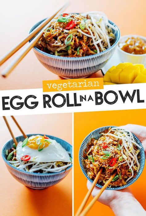 This Vegetarian Egg Roll in a Bowl recipe is the easy egg roll you didn't know you needed. All the tasty fillings from your favorite egg rolls, subbing out the pork for pulled oyster mushrooms! A healthy recipe for homemade Chinese takeout (in under 15 minutes). #vegetarianfood #vegan #glutenfree #chinesefood #takeout #eggroll // Live Eat Learn Easy Egg Roll, Vegetarian Egg Rolls, Telur Gulung, Healthy Chinese Recipes, Chicken Egg Rolls, Homemade Chinese, Eggroll In A Bowl, Egg Roll In A Bowl, Cheap Clean Eating