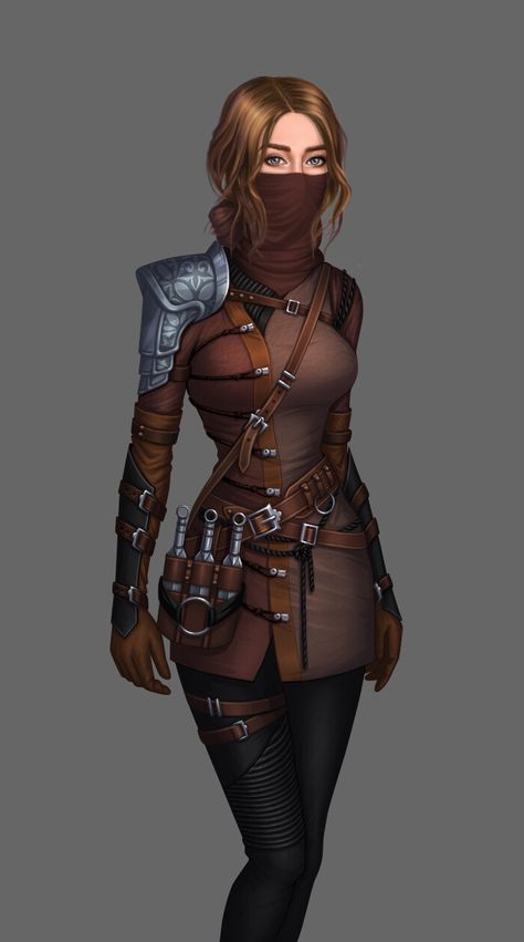 Steampunk Assassin Female, Thief Outfit Female, Warrior Clothes Women, Rogue Outfit Female, Rogue Clothes, Dnd Rogue Female, Dnd Fighter Female, Female Assassin Character Design, Female Fighter Dnd