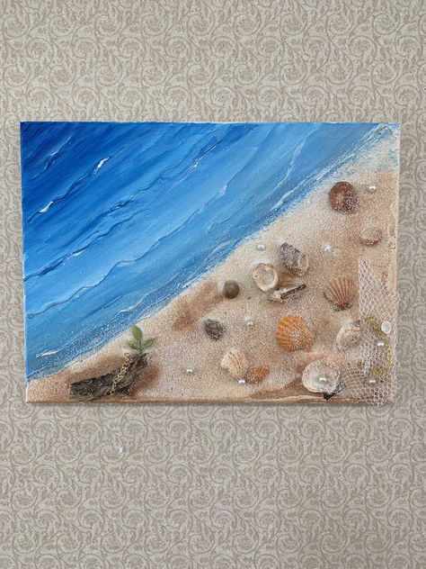 Sea shells, sand and acrylic mix media by Rita by Margarita  $50 Art Ideas With Sea Shells, Seashells On Canvas Shell Art, Sea Shells Painting On Canvas, Beach Painting With Shells, Shells On Canvas Diy, Beach Theme Canvas Painting, Canvas Sea Painting, Painting Inspiration Acrylic, Shells On Canvas