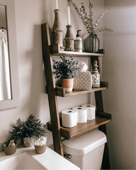 Next To Toilet Decor, 2nd Room Ideas Apartment, French Country Bathroom Storage, Ladder Bathroom Shelf, Bathroom Toilet Wall Decor, Bathroom Latter Shelf, Bathroom Decor Shelf Over Toilet, Diy Toilet Shelf, Bathroom Toilet Room Decor