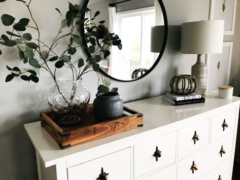 HOW TO STYLE A BUFFET TABLE (OR DRESSER) – Dream. Build. Blog. Styling A Buffet In Living Room, Styling A Dining Room Buffet, Style A Buffet Table, How To Style A Buffet Table, Style A Buffet, How To Style A Buffet, Dining Room Buffet Styling, Mirror Greenery, Styling A Dresser