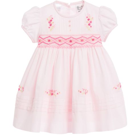 Sarah Louise Baby Girls Pale Pink Hand-Smocked Dress at Childrensalon.com Vintage Baby Dresses, Hand Smocked Dress, Smocked Baby Dresses, Sarah Louise, Smocked Dress, Ribbon Tie, Puffed Sleeves, Dark Pink