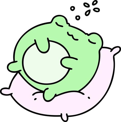 cartoon of a cute frog sleeping on a pillow Cute Pillow Drawing, Frog Sleeping, Cute Frog Drawing, Kawaii Inspiration, Vector Snowflake, Sleeping Drawing, Pillow Drawing, Cartoon Frog, Sweet Pictures