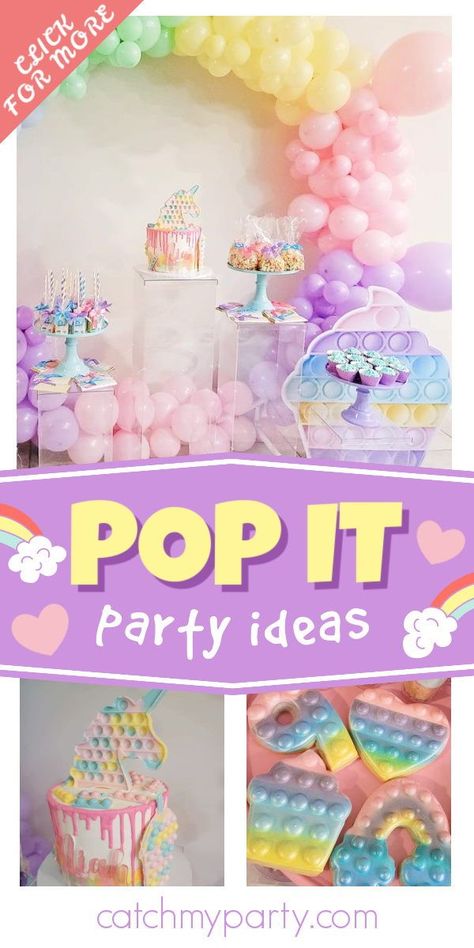 Poppet Birthday Party Ideas, Pop It Cupcake Ideas, 6th Birthday Party Ideas For Girls Theme, Fidget Birthday Party Theme, Pop It Party Ideas, Pop It Cookies, Pop It Birthday Party Theme, Pop It Themed Birthday Party, It Birthday Party