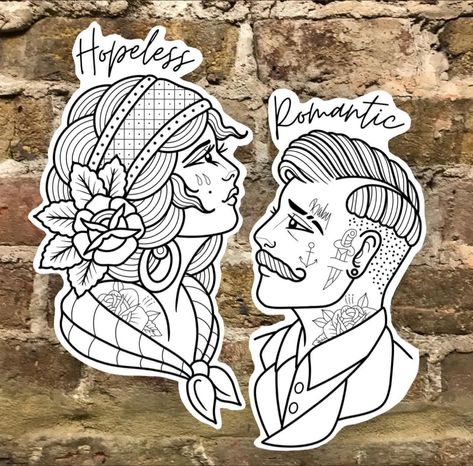 Tattoo Pairs Ideas, Heartfelt Tattoos, Hopeless Romantic Tattoo Ideas, Traditional Love Tattoo, Tattoo Ideas American Traditional, Neotraditional Tattoo Flash Art, Romantic Tattoos, Hopeless Romantic Tattoo, Traditional Tattoo Outline