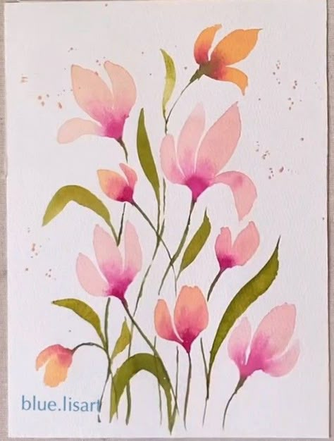 Abstract Watercolor Flowers Simple, Abstract Watercolor Flowers, Dupatta Painting, Abstract Watercolor Flower, Cartoon Art Drawing, Derwent Inktense, Painting Flowers Tutorial, Flowers Simple, Sketchbook Illustration