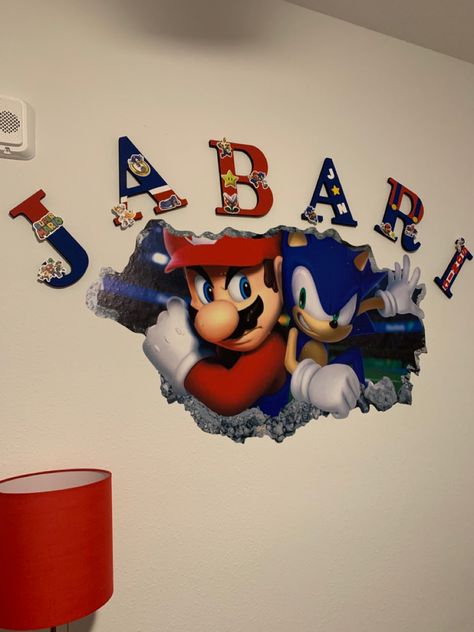 Sonic The Hedgehog and Super Mario Themed Bedroom Sonic The Hedgehog Bedroom Decor, Sonic And Mario Bedroom, Mario Sonic Bedroom, Sonic The Hedgehog Room Ideas, Sonic Themed Bedroom, Sonic Bedroom Ideas Kids Rooms, Sonic The Hedgehog Bedroom Ideas, Sonic Room Ideas Boys, Sonic The Hedgehog Bedroom