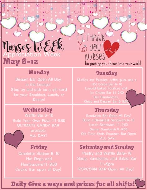 Nurses Week Flyer and Schedule Nurse Spirit Week Ideas, Nursing Week Ideas Activities, Nursing Home Week 2024, Nurses Week Food Ideas, Nurses Week 2024, Nursing Home Week Ideas For Staff, Nursing Week Ideas, Nurse Week Ideas Activities, Nursing Home Week Ideas