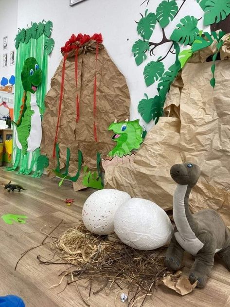 Dino Nest Diy, Dinosaur Backdrop Ideas Diy, Dinosaur Hallway Decorations, Prehistoric Decorations, Dinosaur Diy Decor, Stompers And Chompers Vbs 2023, Dinosaur Vbs Decorations, Dino Vbs, Dinosaur Vbs