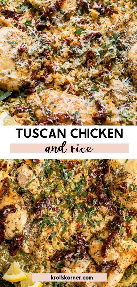 chicken and rice in a blue skillet with sun dried tomatoes and spinach. Tuscan Chicken And Rice, Chicken Thigh And Rice Recipe, Chicken Thigh Casserole, Chicken And Rice Skillet, Meat Ideas, Juicy Chicken Thighs, Chicken Rice Bake, Sundried Tomato Chicken, Chicken And Rice Recipe