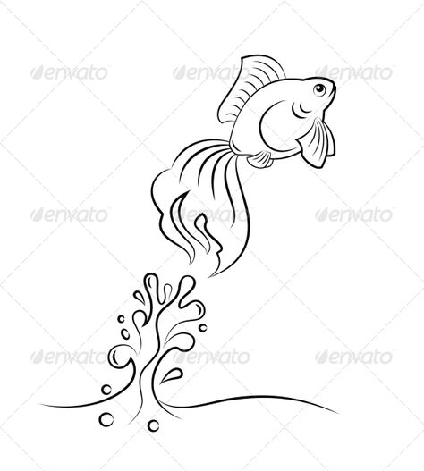 Goldfish Jumping Jumping Fish Drawing, Fish Jumping Out Of Water Drawing, Fish Jumping Out Of Water, Fantasy Treehouse, Simple Stencil, Goldfish Tattoo, Aquarium Art, Nature Silhouette, Water Vector