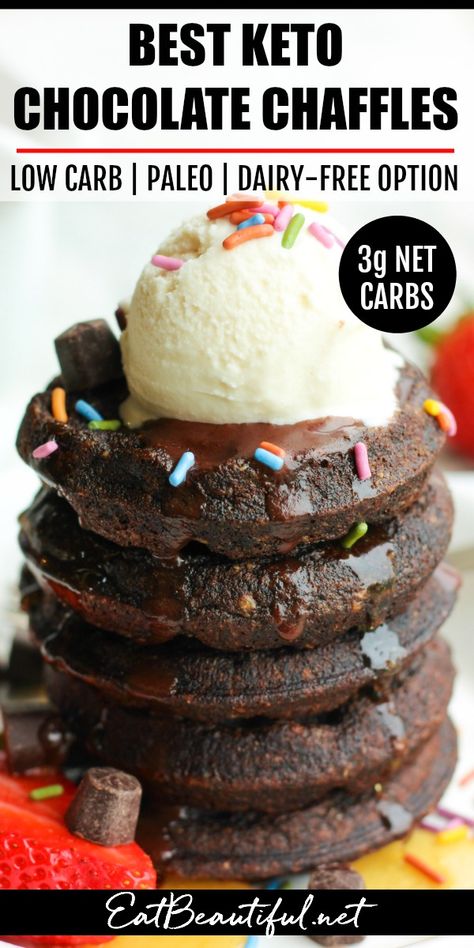 Just 5 minutes to mix together pantry-staples, and you have the BEST fun breakfast, snack or dessert! With a dairy-free option, Best Keto Chocolate Chaffle is Low Carb, Paleo and Gluten-free. | Eat Beautiful || #lowcarb #keto #chocolate #chaffle #best #healthyrecipes #ketobreakfast #ketodessert Chocolate Chaffle, Eat Beautiful, Fun Breakfast, Low Carb Low Fat Recipes, Low Carb Low Sugar, Low Carb Dessert, Diet Breakfast Recipes, Keto Chocolate, Healthy Low Carb Recipes