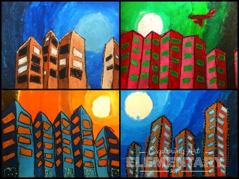 Exploring Art: Elementary Art: Complement Color Cityscapes Complementary Colors Art Ideas, Summer School Art Projects, Art Ks2, Third Grade Art Project, Summer School Art, Elements Of Art Color, Color Art Lessons, Elementary Art Lessons, Art Elementary