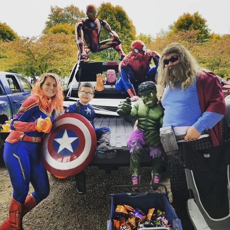 Trunk or treat 2019. My super hero family Marvel Trunk Or Treat, Marvel Trunk Or Treat Ideas, Super Hero Family, Thor Halloween, Fat Thor, Back Of A Truck, Trunk Or Treat Ideas, Pediatric Physical Therapy, Treat Ideas