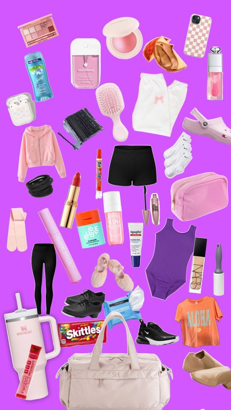 All of the different things that I put inside my dance bag like my shoes, leo, water, makeup, ext… Dance Competition Bag, Backpack Essentials, Ballet Clothes, Dance Bag, Bag Essentials, Cute Preppy Outfits, Dance Life, Dance Competition, Emergency Kit