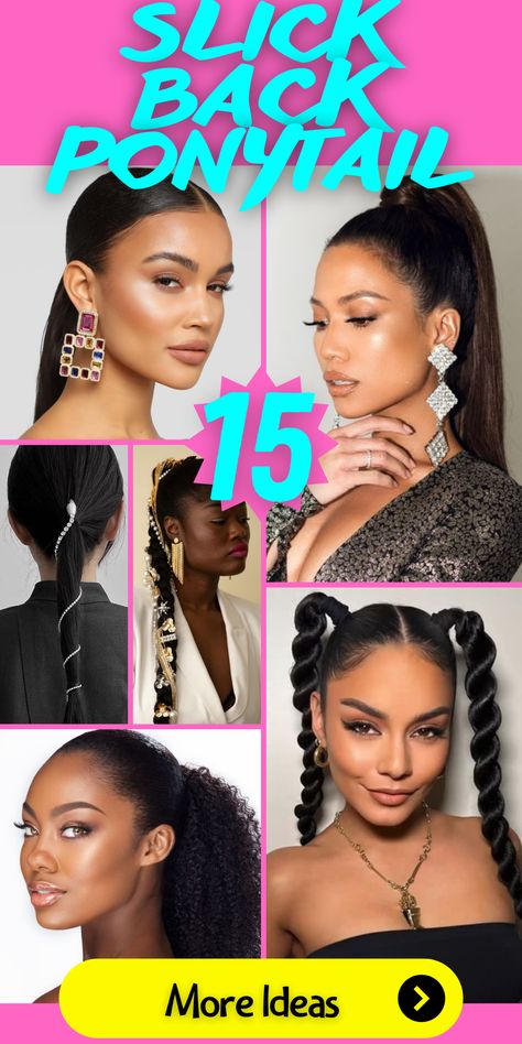 Looking for a chic and trendy hairstyle? Try the sleek and fashionable slick back ponytail! Whether you have long, short, curly, or straight hair, this versatile hairstyle is perfect for a polished and sophisticated look. Embrace your natural hair texture or straighten it for a sleek finish. The slick back ponytail is a popular choice among black women, adding an elegant touch to any ensemble. Slick Ponytail Styles, High Pony Tailed Hairstyle Black Woman, Low Slick Back Ponytail, Weave Ponytail For Black Women, Low Pony Hairstyles Black, Short Hair Slick Back, Low Pony Hairstyles, Slick Back Ponytail, Hair Slick