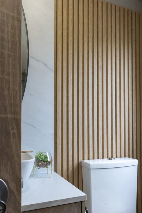 Slatted Bathroom Wall, Slatted Tile Bathroom, Wooden Slat Bathroom, Bathroom Wooden Slats, Wood Cladding Bathroom, Bathroom Wooden Panelling, Wooden Cladding, Wooden Panelling, Slat Wall