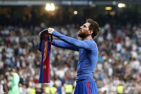 Messi was booked for removing his shirt and showing it to the Real Madrid fans after his brilliant match-winner on Sunday Messi Best Goals, Frank Rijkaard, Messi Shirt, Messi Goals, Messi Vs Ronaldo, Lionel Messi Fc Barcelona, Lionel Messi Barcelona, Goal Celebration, Messi Vs