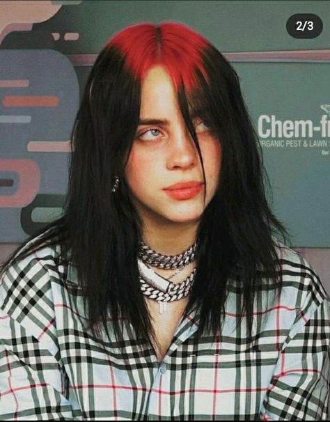 Aesthetic Hair Colour Dyes, Red Hair Roots, Billie Eilish Red Roots, Billie Eilish Red Hair, Black Hair With Red Roots, Red Roots Black Hair, Red Roots Hair, Black Roots Red Hair, Red Roots