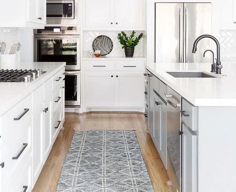 White Cabinets With Black Hardware, White Dove Cabinets, Cabinets With Black Hardware, Black Hardware Kitchen, Glass Upper Cabinets, Black Cabinetry, Custom Kitchen Remodel, White Pantry, Honed Granite