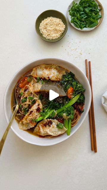 TOM WALTON 🌱 on Instagram: "This Gyoza Noodle Soup is exactly what is called for in the cooler months! Such a nourishing, delicious and soul warming meal made with @thehartandsoul Chicken Bone Broth. Slow simmered, high protein, no nasties and so so tasty!
 
Serves 2
 
Ingredients
 
Gyoza
 
300g pork or chicken mince
2 clove garlic, crushed
1 tbsp ginger, finely chopped
1/3 cup spring onion, finely diced
1 cup white cabbage, finely chopped
Pinch salt
2 tsp soy sauce
2 tsp sesame oil
 
16 gyoza wrapper
 
Broth
 
2 tsp sesame oil
3 clove garlic, finely chopped
1 tbsp ginger, finely chopped
2 pouches Hart & Soul chicken broth
2 tbsp white miso paste
2 tbsp Crispy chili in oil
180g dried ramen noodles, cooked
1 tbsp toasted sesame seeds
2 spring onions finely sliced
 
Method
 
For the broth, White Miso Paste, Chicken Mince, White Cabbage, Chicken Bone Broth, Miso Paste, White Miso, Chicken Bones, Spring Onions, Toasted Sesame Seeds