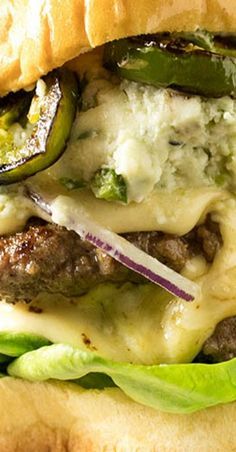 Pub Burgers, Handmade Burgers, Hamburgers Recipes, Grilled Hamburgers, Unique Burger Recipes, Burger Sliders Recipes, Gourmet Hamburgers, Blue Cheese Butter, Serrano Peppers