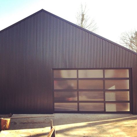 Corrugated Metal Garage, Modern Metal Building, Metal Building Gym Ideas, Corrugated Metal Wall Garage, Small Factory Design, Charcoal Gray Metal Shop, Corrugated Metal Facade, Pole Barn Shop Contemporary, Shed House Ideas