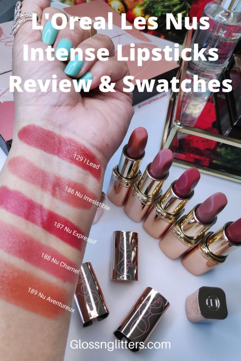 New L’Oreal Colour Riche Les Nus Intense Lipsticks Review & Swatches - Glossnglitters Loreal Color Riche Lipstick Swatches, L’oréal Lipstick Swatches, Loreal Lipstick Swatches, Lip Liner Drugstore, Loreal Color Riche Lipstick, Olive Skin Lipstick, Best Lipstick Brand, Loreal Lipstick, Beige Lipstick