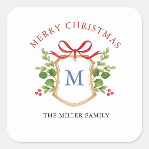 Monogram Crest with greenery Holidays Square Sticker  Zazzle Watercolor Crest, Monogrammed Linens, Winter Greenery, Watercolor Monogram, Family Monogram, Holiday Stickers, Personalized Stickers, Christmas Stickers, Christmas Tag