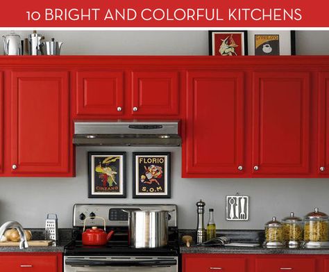 Eye Candy: 10 Colorful Kitchens » Curbly | DIY Design Community Red Kitchens, Granite Ideas, Red Kitchen Cabinets, Cabinet Cover, Diner Kitchen, Kitchen Color Red, 50's Diner, Mobile Home Kitchen, Affordable Cabinets