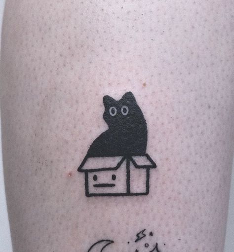 Black Cat Aesthetic Tattoo, Silly Cat Tattoo Ideas, Funny Black Cat Tattoo, Calico Cat Tattoo Ideas, Small Meaningless Tattoos, Cute Tiny Cat Tattoos, Funny Cat Tattoo Ideas, Small Black Cat Tattoo Simple, Stick And Poke Tattoo Cat