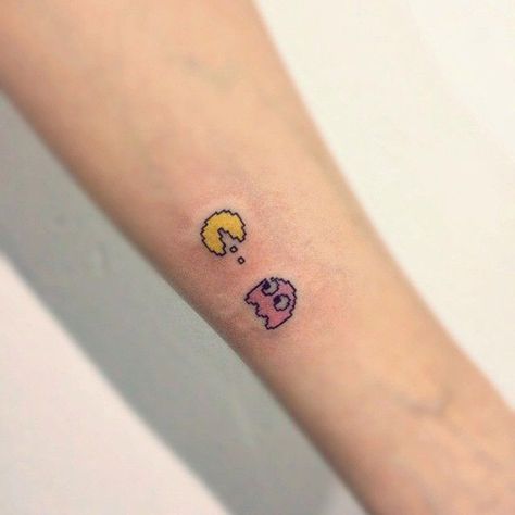 Pacman Tattoo, Small Sister Tattoos, Gamer Tattoos, Funky Tattoos, Small Tattoos With Meaning, Gaming Tattoo, Small Tattoos For Guys, Funny Tattoos, Cartoon Tattoos