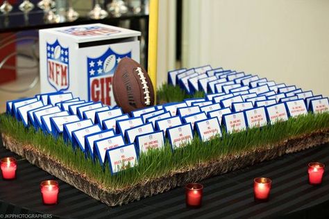 Football Themed Wedding Reception, Guest Seating Ideas, Football Bar Mitzvah, Fantasy Football Party, Football Banquet Ideas, Dallas Cowboys Theme, Football Wedding Theme, Bar Mitzvah Centerpieces, Bar Mitzvah Themes