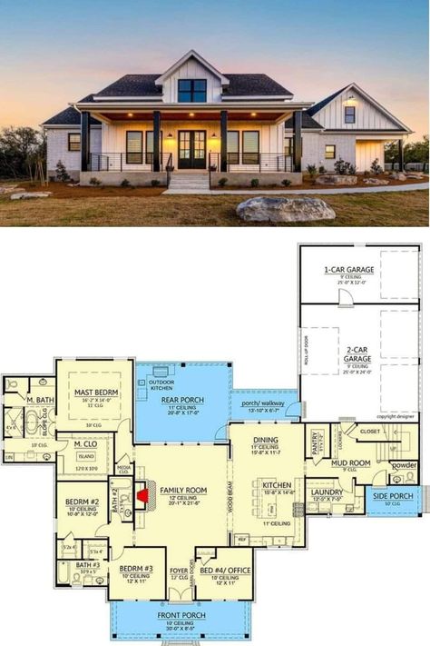 Farmhouse With Garage On Side, House Plan Garage On Side, Bedrooms On Same Side Of House Plans, House Plans Bedrooms On Same Side, Side Entry Mudroom, Mudroom Side Entrance, Ranch 4 Bedroom Open Floor Plan, Home Layouts 4 Bedroom, Floor Plans With Garage On Side