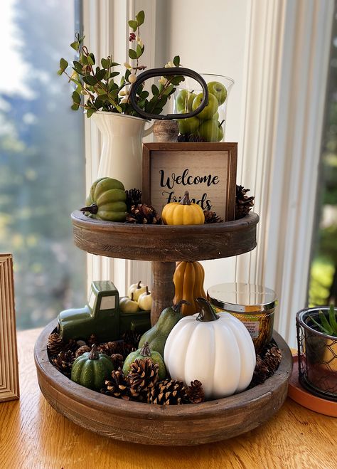 Lazy Susan Decor, Tired Trays, Diy Home Bar, Tier Shelf, Fall Deco, Tiered Trays, Fall Centerpiece, Tiered Tray Decor, Autumn Home