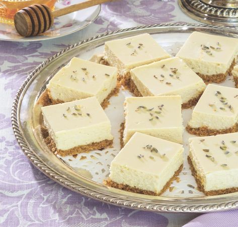 Honey-Lavender Cheesecake Bars - Southern Lady Magazine Lavender Cheesecake, Lavender Recipes, Honey Lavender, Culinary Lavender, Tea Time Food, Cheesecake Bar Recipes, Southern Lady, Cheese Dessert, Cheesecake Bars