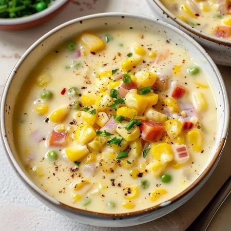 Creamy Corn Chowder: A Comforting Classic There’s something wonderfully nostalgic about a bowl of creamy corn chowder. It’s the kind of dish that feels like a warm hug on a chilly day. For me, corn chowder brings back memories of my grandmother’s kitchen, where the aroma of bacon and onions sizzling on the stove would ... Read more Corn Chowder No Potatoes, Best Corn Chowder Recipe, Corn Chowder With Bacon, Creamy Corn Chowder, Crockpot Mexican Chicken, Corn Chowder Soup, Bacon Corn Chowder, Potato Corn Chowder, Creamy Peas