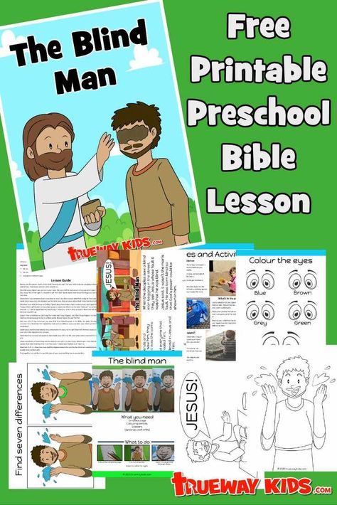 Free printable Bible lesson for kids. In John 9: 1-42 He heals a man born blind in an unusual way. Story, lesson guide, coloring pages, craft and more all included. Ideal for preschoolers at home or at church. Simeon And Anna, Lesson For Preschoolers, Games Worksheet, Bible Lesson For Kids, Trueway Kids, Worksheet Coloring, Preschool Bible Lessons, Bible Teaching, Creative Lesson Plans