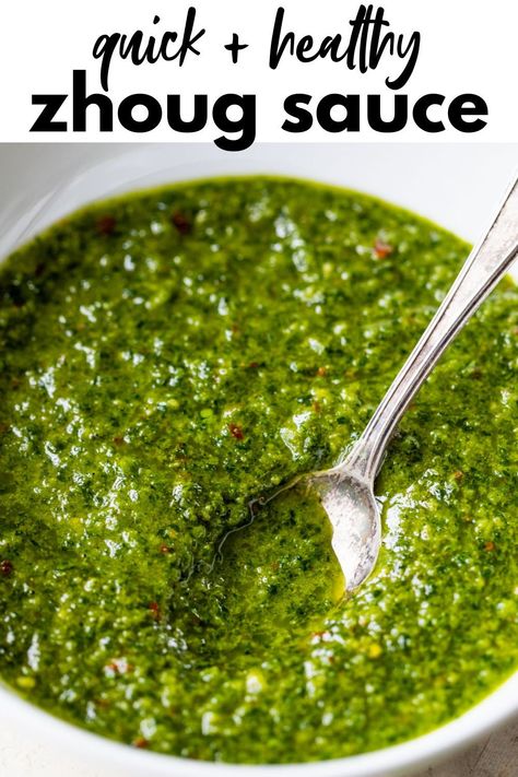 Prepare to be obsessed with Zhoug Sauce! This spicy cilantro sauce is a classic Middle Eastern condiment you can put on anything, like eggs, steak, sandwiches, and more. Whip it up in just 5 minutes and enjoy! Zhoug Sauce, Chimichurri Sauce Recipe, Steak Sandwiches, Cilantro Sauce, Christmas Recipes Appetizers, Chimichurri Sauce, Green Sauce, Savory Vegan, Vegetarian Recipes Dinner