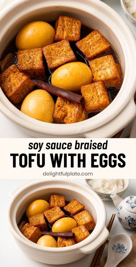 a pot of braised tofu and eggs with soy sauce Tofu Chinese Recipe, Vietnamese Tofu Recipes, Egg Tofu Recipes, Tofu And Eggs, Chinese Tofu Recipes, Braised Tofu Recipe, Japanese Tofu Recipes, Vietnamese Dinner, Polynesian Dishes