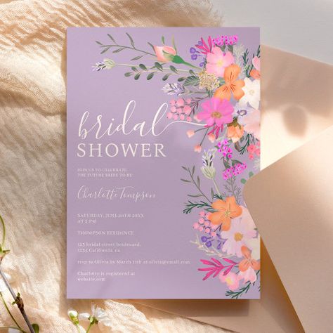 Romantic pastel wild flowers spring bridal shower for $2.92 - Bridal Shower Invitations Spring Bridal Shower Themes, Purple Bridal Shower, Country Flowers, Spring Bridal Shower, Summer Bridal Showers, Wild Country, Bridal Shower Inspiration, Bridal Shower Flowers, Purple Wedding Invitations