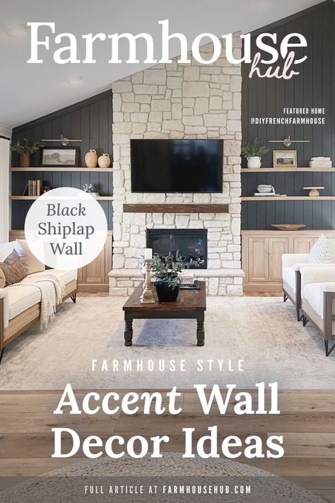 Black shiplap accent wall around a fireplace Black Gray Living Room, Black Feature Wall Living Room, Black Feature Wall Bedroom, Black Shiplap Accent Wall, Shelves Around Fireplace, L Living Room, Gray Living Room Ideas, Feature Wall Ideas, Black Shiplap